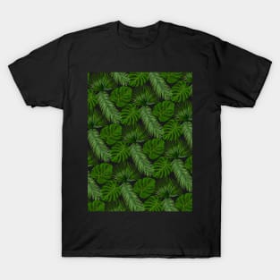 Tropical Leaf Pattern on Black T-Shirt